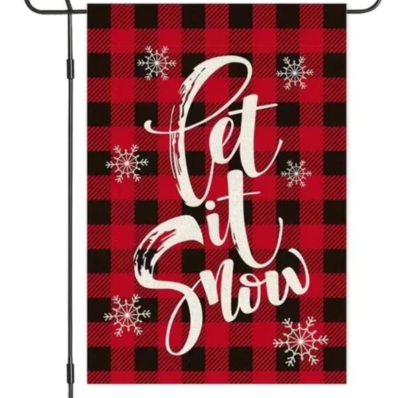 Let It Snow Winter Garden Flag - Black & Red Buffalo Plaid Snowflakes - Picture 1 of 4